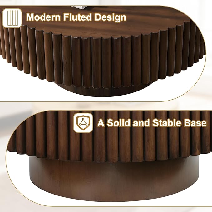 Rovibek Round Coffee Table, 31.5" Wooden Fluted Coffee Table with Fluted Base, Circle Accent Center Table for Living Room Apartment Office Small Space, Easy Assembly, Walnut