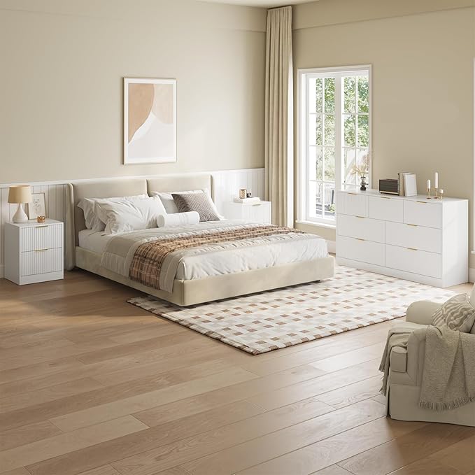 7 Drawer Dresser & Nightstand Set 3-Piece, 55” Wide Bedroom Dresser Set Night Stand Set of 2 with Metal Handle, Fluted Modern Wood Chest of Drawers Storage Dressers Set for Bedroom, White