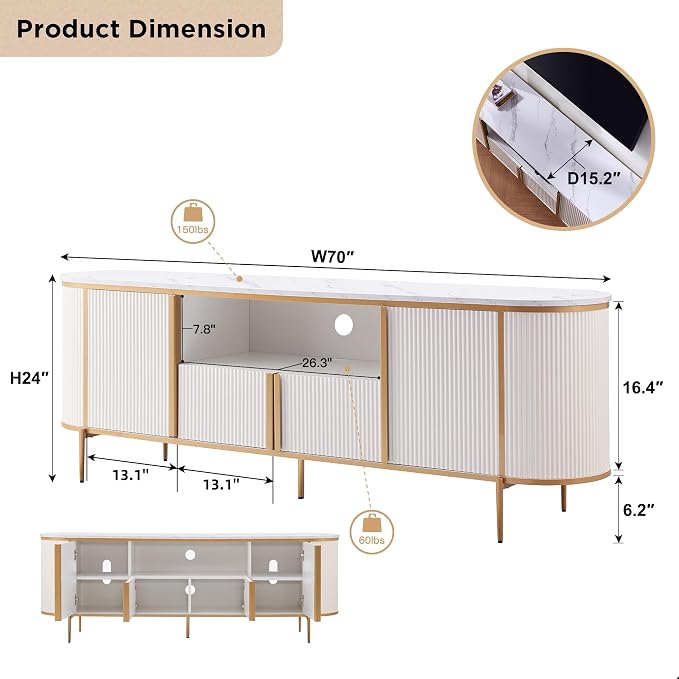 OKD Luxury 70" Fluted TV Stand, Modern Chic Entertainment Center for TVs Up to 80 inches, TV Console with Faux Marble Top, Curved Profile Design, Media Console for Living Room, Off White - Image 7