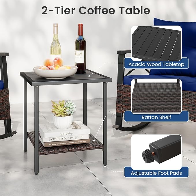 Tangkula 3 Piece Rattan Rocking Chair Set, Patio Rocker Bistro Set w/Acacia Wood Tabletop & Armrests, 2 Outdoor Cushioned Armchairs w/Double-Tier Side Table for Porch, Balcony, Backyard - Image 7