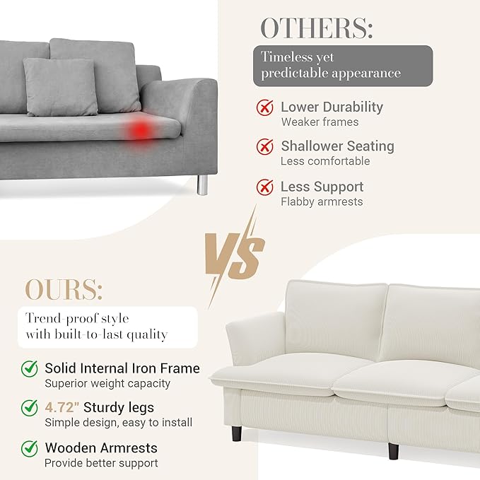 3 Seater Corduroy Couch, 89" Comfy Couch with Deep Seat, Modern Sofa Couch for Living Room, Office, Bedroom, Apartment (Pillows not Included) | Breathable material, Pet - friendly, Strong support