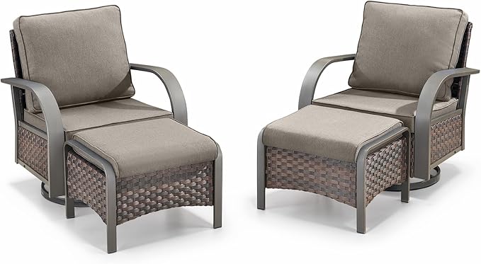 Belord 4 Pieces Patio Furniture Sets - Swivel Rocker Outdoor Chairs with Ottomans, All Weather Wicker Swivel Furniture Glider Seating Set for Porch Deck Sunroom Backyard