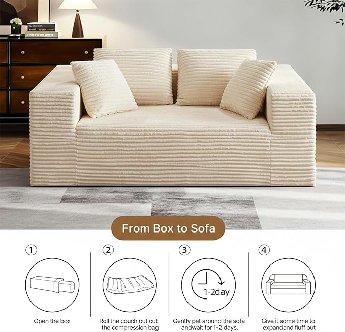 2-Seater Deep-Seat Corduroy Lounge Sleeper Sofa, No Assembly Frameless Foam Cloud Couch, Comfy Plush Double Seater for Living Room Bedroom Apartment Dorm Office (Beige)
