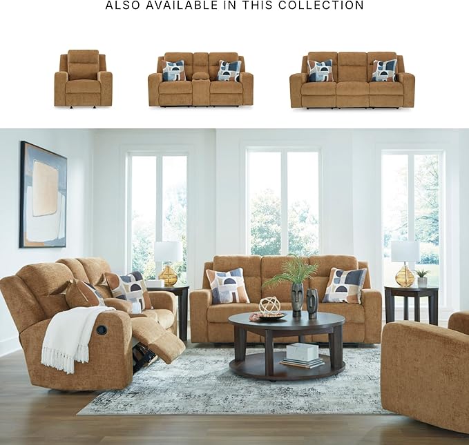 Signature Design by Ashley Kanlow Contemporary Manual Reclining Sofa with 2 Accent Pillows, Light Brown
