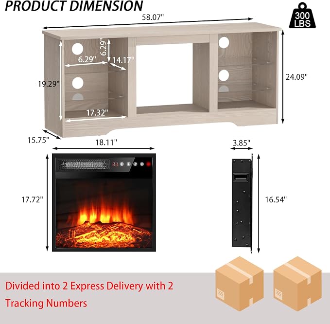 PRETZI Fireplace TV Stand with 18" Fireplace Up to 65" TVs, 58" Entertainment Center with LED Lights, TV Media Console with Adjustable Glass Shelves and Storage Cabinets for Living Room, Beige - Image 6