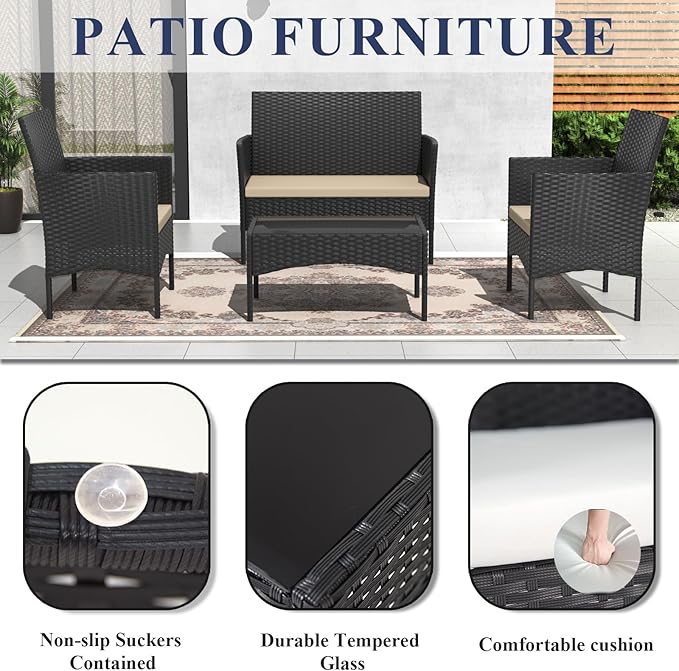 ALAULM 4 Pieces Patio Furnitrue Set Outdoor Patio Conversation Set Wicker Chairs w/Soft Cushions and Glass Coffee Table for Lawn, Backyard, Porch, Poolside-Brown