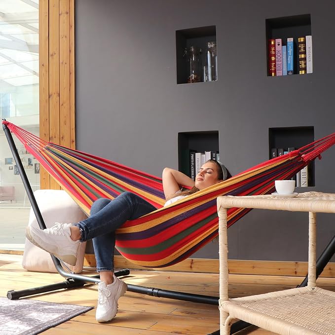 ANYOO Cotton Hammock Portable Camping Hammocks for Hanging Sturdy Garden Comfortable Fabric Hammock with Tree Straps Up to 660lbs with Travel Bag for Camping Outdoor/Indoor Patio Backyard - Image 7