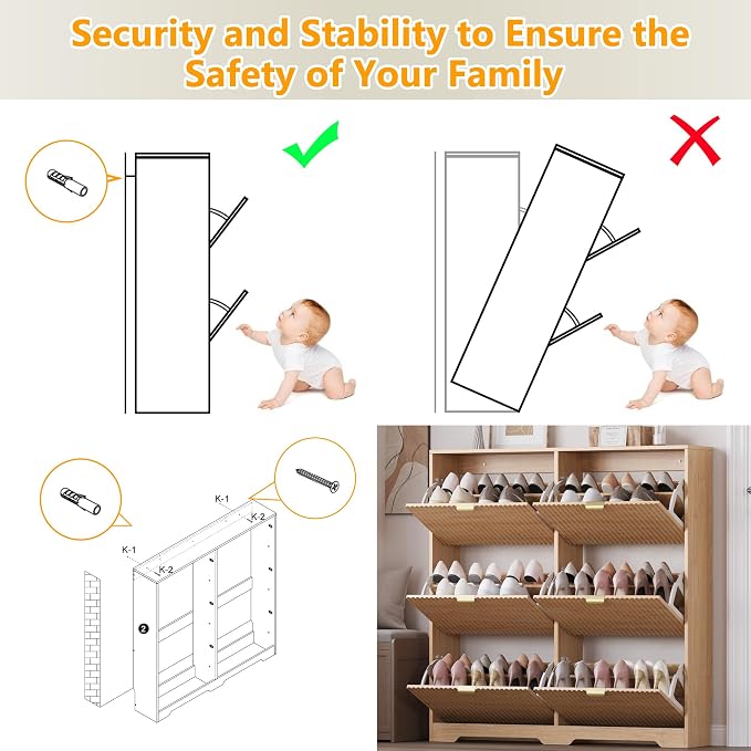 BORNOON Large Shoe Cabinet for Entryway, Tall Narrow Shoe Storage Cabinet with 6 Flip Drawers and Adjustable Shelves, Shoe Rack Cabinet Organizer for Hallway, Foyer, Small Apartment - Image 7