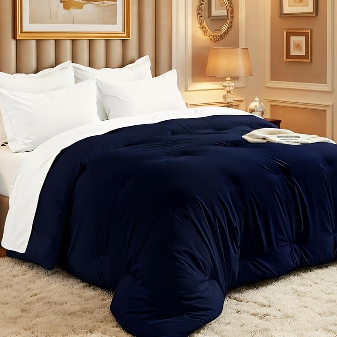 Comforters King Size, All Season Quilted Bed Comforter, Ultra-Soft Down Alternative Duvet Insert with 4 Tabs, Lightweight Bedding Blanket - Machine Washable, Navy Blue