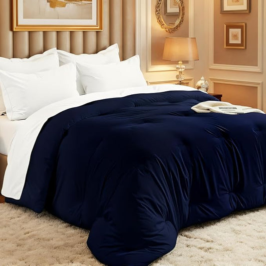 Comforters Oversized King Size, All Season Quilted Bed Comforter, Ultra-Soft Down Alternative Duvet Insert with 4 Tabs, Lightweight Bedding Blanket - Machine Washable, Navy Blue