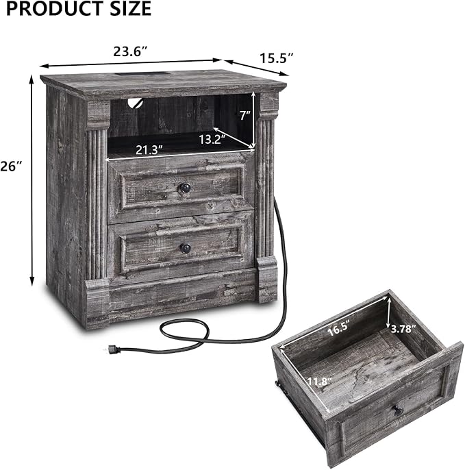 Aitjunz 26" Tall Farmhouse Nightstand, 2 Drawers End Table w/Charging Station, 23.6" Wide Large Side Table w/Roman Column, Wood Rustic Sofa Table w/Open Shelf, Bedside Table for Bedroom, Light Gray - Image 2