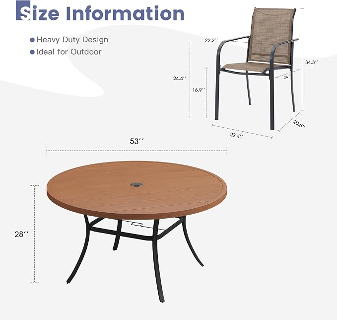 VICLLAX Round Outdoor Dining Set, Patio Table and Chairs Set Set of 8 Patio Stackable Chairs and 53" Outdoor Round Table with Umbrella Hole for Backyard Lawn Garden, Brown Chairs and Walnut Table - Image 7