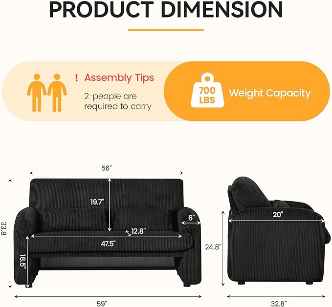 Morden Loveseat, Comfy Upholstered Corduroy Loveseat Sofa, 2-Seater Love Seat Couch for Living Room, Bedroom, Black