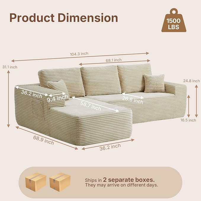 104 inch Boneless L-Shaped Sectional Sofa with Throw Pillow & Side Pockets- No Assembly Compressed Modular Couch, Memory Foam, Deep Seat for Living Room, Bedroom, Apartment White Left
