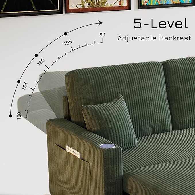 Rovibek 83" Convertible Sofa Bed Couch with Storage & USB Port – 4 in 1 L Shaped Sofa with Pull Out Couch Bed, Side Table, Cup Holder for Living Room, Apartment, Office, Small Spaces, Green