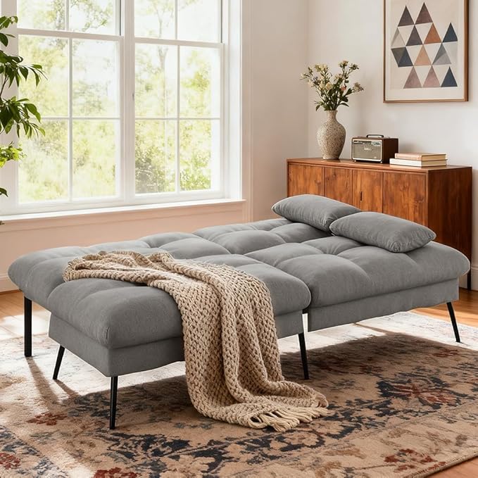COMHOMA Convertible Futon Sofa Bed, 72″Fabric Futons Couch with Adjustable Backrest, Folding Sleeper Recliner for Living Room Furniture (Grey)