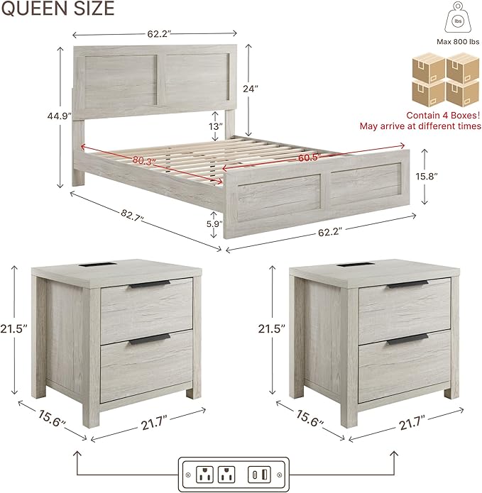 KISLOT 3 Pieces Bedroom Set, Wood Bed Frame with Upholstered Headboard & 2 Nightstands with Storage, Wooden Platform Mattress Foundation Farmhouse Bedroom Furniture Set