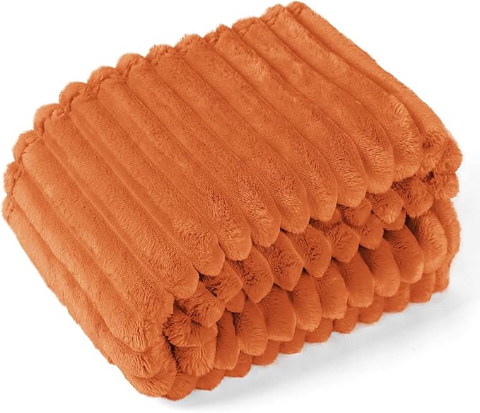 EXQ Home Fall Throw Blanket for Couch or Bed - 3D Stripe Jacquard Decorative Fleece Blankets - Cozy Soft Lightweight Fuzzy Flannel Blanket Suitable for All Seasons(50"??60",Orange)