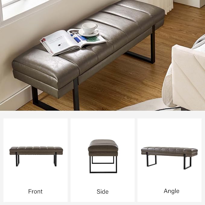 HULALA HOME 53" Faux Leather Entryway Bench, Button Tufted End of Bed Bench Ottoman for Bedroom, Living Room with Metal Base, Grey - Image 7