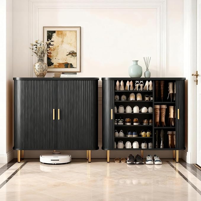 Shoe Cabinet Storage for Entryway: 6-Tier Shoe Cabinet with Adjustable Shelves & Sliding Doors, Mid-Century Modern Freestanding Shoe Storage Organizer for Entryway, Hallway, Living Room - Image 7