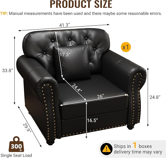 KEIKI 41" Faux Leather Chesterfield Sofa with Rolled Arms & Nailhead Trim, Modern Style 1-Seater Button Tufted Couch with High Resilience Cushion & 1 Pillow, Easy Assembly, for Living Room, Black