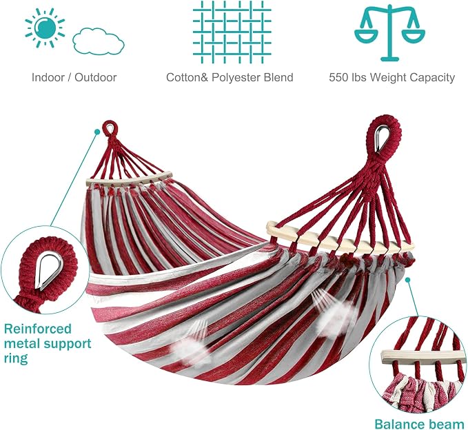 MOSFiATA Hammocks Portable Camping Hammock Upgraded 550lb Thickened Fabric Single Hammocks with Two Anti Roll Balance Beam and Tree Straps for Camping, Patio, Backyard, Outdoor(Red White) - Image 3
