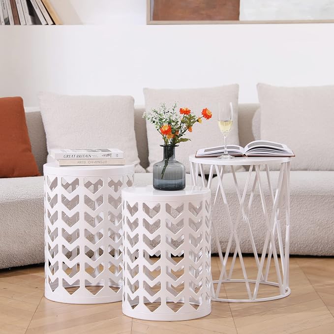 Y&M Set of 3 Metal Round Coffee Table, Side Table End Table for Indoor Outdoor Multifunctional Use, Heavy Duty Metal Plant Stand Garden Stool- White - Image 6