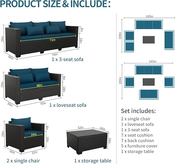 Rattaner Patio Furniture Set 5 Pieces Outdoor Furniture Sets Patio Couch Outdoor Chairs Coffee Table Peacock Blue Anti-Slip Cushions and Waterproof Covers