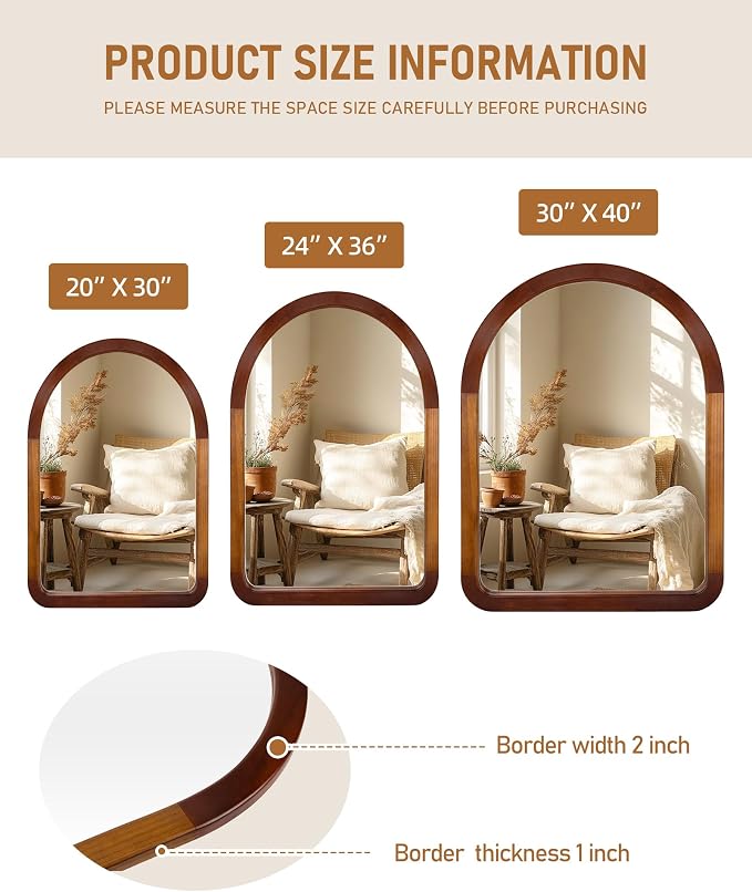 Arched Mirror 24 x 36 Inch,Brown Wood Rustic Bathroom Tempered Wall Mirror with Wood Frame,Round Corner Arch Farmhouse Wooden Vanity Mirror for Living Room,Entryway or Bedroom（Walnut Brown） - Image 9