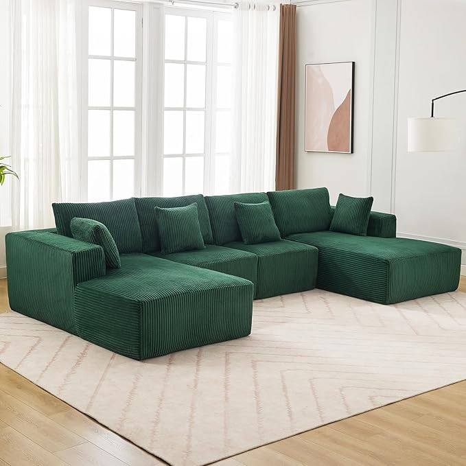 Cloud Boneless Couch 137" Modern Sectional U-Shaped Comfy No Assembly Required Convertible Compression Sleeper Modular Sofa with Corduroy Fabric Deep Seat Single + Chaise for Living Room