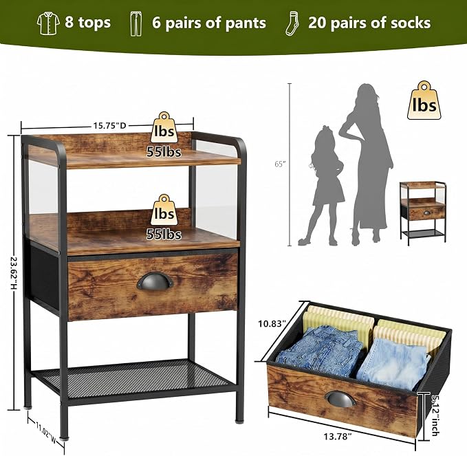 Nightstand with 1 Fabric Drawer, Side Table with Open Mesh Shelf, Bedroom Bedside Table with Storage, Fabric Drawer Dresser, Wood Top, Couch Side, Rustic Brown - Image 3