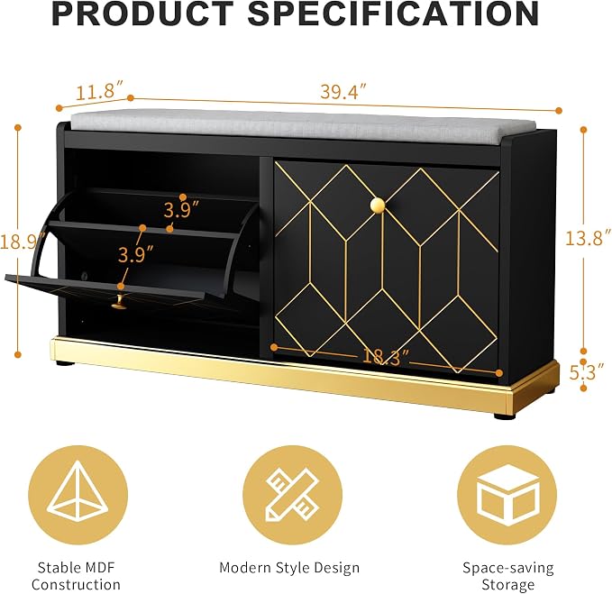 HLR Modern Shoe Bench with Storage, Entryway Bench with 2 Flip Drawer & Padded Cushion Seat, Shoes Storage Bench for Hallway, Closet, Living Room, Black Shoe Storage Cabinet with Bench - Image 2