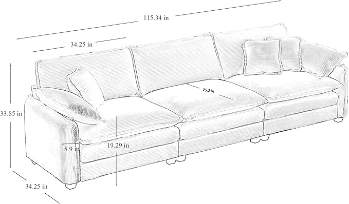 KEIKI 115" Oversized Corduroy Modular Sectional Cloud Sofa with High-Density Foam Cushions, Removable Armrests, Upholstered Modern 3-Seater Fluffy Corner Couch with 5 Pillow, for Living Room, Grey