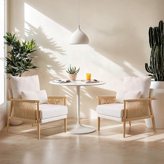 VINGLI Boho Braid Accent Armchairs Set of 2,Mid-Century Modern Chiars with Solid Wooden Armrest,Comfy Louge Cushion Chairs with Waist Pillow for Bedroom,Living Room,Reading Room, Beige