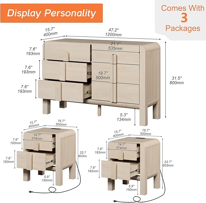 WAMPAT 3 Piece Dresser and Nightstand Sets for Bedroom, 47.2" W Modern 6 Drawer Dresser & 23.7” Tall Nightstand Set of 2 with Charging Station for Bedroom, Curved Profile Design, Beige