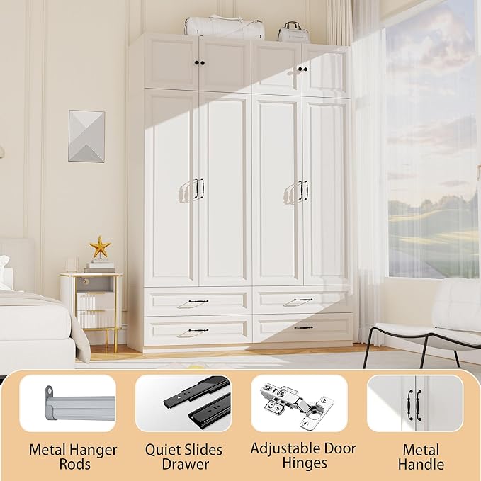 White Armoire Wardrobe Closet with Drawers: Bedroom Armoires with Hanging Rod, Wooden Closet Cabinet for Hanging Clothes, Tall Wardrobes Closets with Doors and Shelves (63")