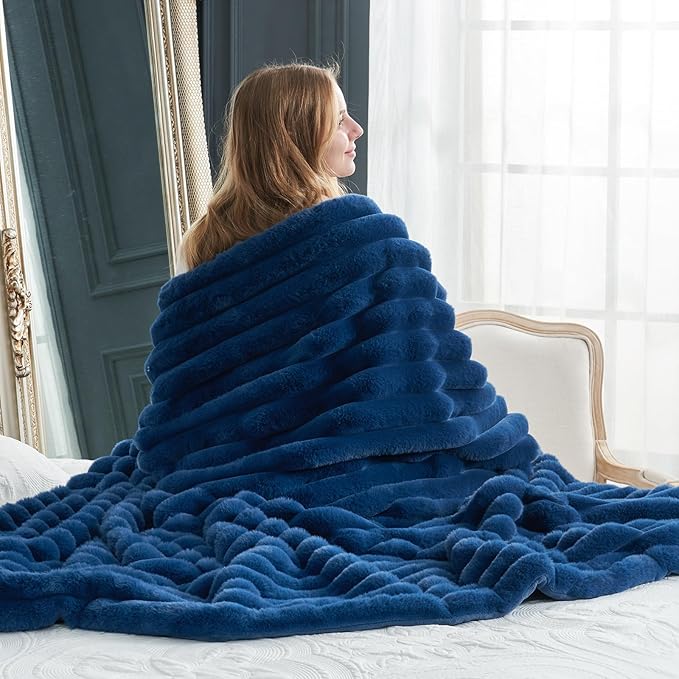 Cozy Bliss Faux Fur Throw Blanket for Couch, Cozy Warm Plush Striped Blanket for Sofa Bedroom Living Room, 90 * 90 Inches Navy Blue