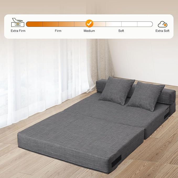 Queen Size Folding Sofa Couch Memory Foam with 2 Pillows Sleeper Chair Lazy Couch Triple Futon Convertible Guest Beds, Washable Cover, Dark Gray