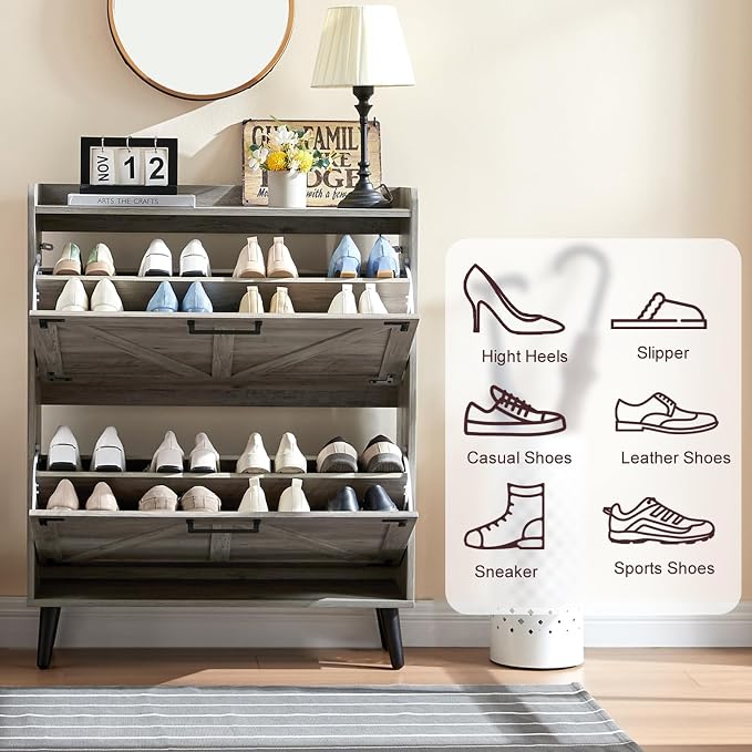 Barnyatoh Shoe Storage Cabinet with 2 Flip Drawers, Farmhouse Hidden Shoe Organizer, Narrow Slim Shoe Rack Cabinet for Entryway Hallway,Washed Gray - Image 4