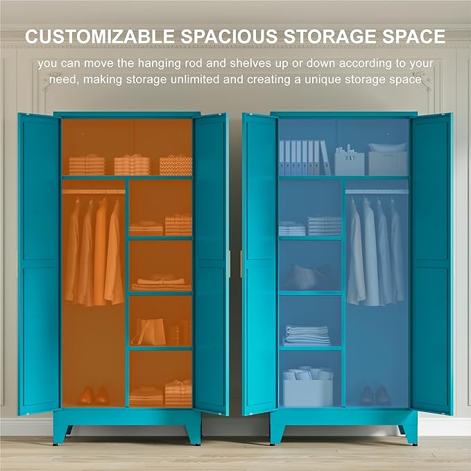 LCAOPC 71" Tall Metal Wardrobe Closet with Adjustable Shelves and Hanging Rod, 2 Doors Office Storage Locker Cabinet for Home, Office, Bedroom, Laundry Room, Blue