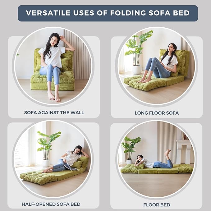 MAXYOYO Folding Sofa Bed, Tufted Bean Bag Bed with Pillows Floor Mattress for Adults, Extra Thick and Long Floor Sofa, Single Couch for Bedroom Living Room, Green, 30x91 Inch
