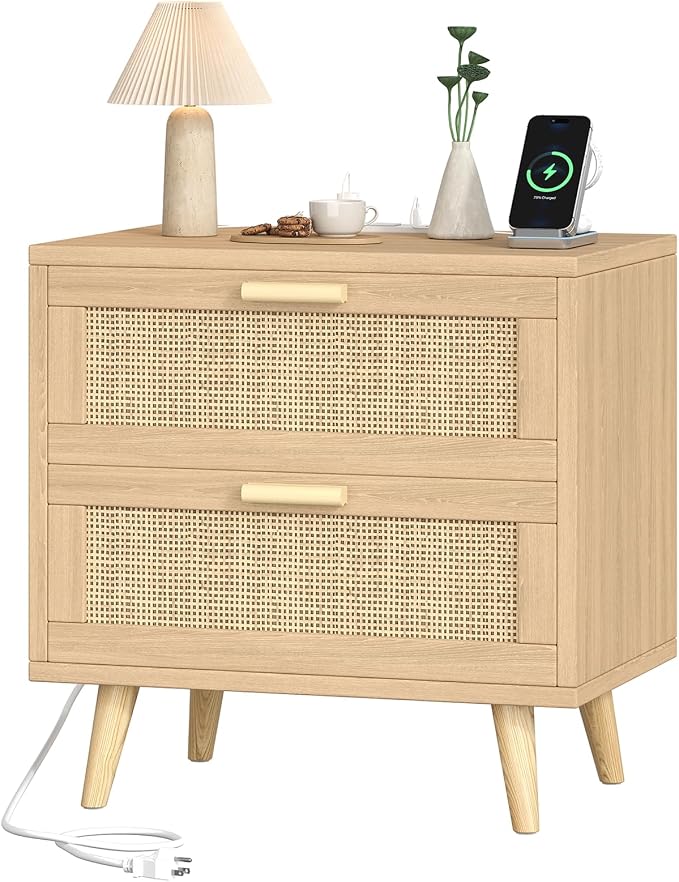 Keehusux 23.6" W Rattan Nightstand with Charging Station, Large Bedside Table with 2 Drawers, Wooden End Table with Solid Wood Legs, Boho Night Stand for Bedroom, Natural Oak KES009MECTG - Image 8