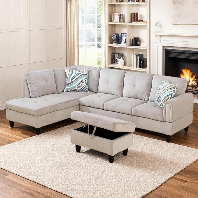 NicBex Modular L-Shaped Sectional Couches, 3-Piece Convertible Couch with Storage Ottoman, 4-Seat Comfy Sofa with Chaise for Living Room & Apartment, Grey White