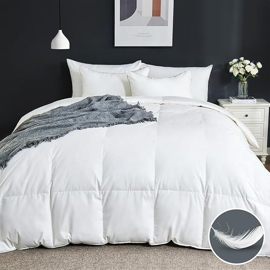 Goose Feather Comforter Queen Size, 100% Cotton Duvet Insert All Season, White Bed Comforter Quilted with 8 Corner Tabs Hotel Luxury Fluffy Duvet Insert, 90 x 90 Inch, Machine Washable
