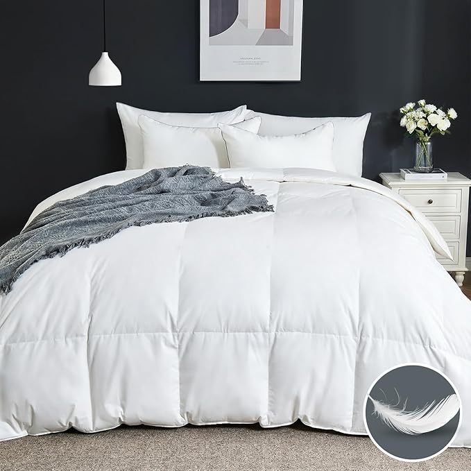 Goose Feather Comforter Oversized King, 100% Cotton Duvet Insert All Season White Bed Comforter Quilted with 8 Corner Tabs Hotel Luxury Fluffy Duvet Insert, 116 x 98 Inch, Machine Washable
