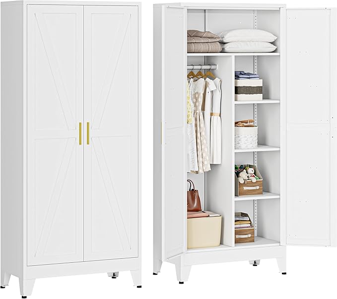 71" Armoire Wardrobe Closet with Hanging Rod & Adjustable Shelves, 2 Doors White Armoire Wardrobe Closet, Metal Clothing Storage Wardrobe Cabinet for Bedroom, Laundry Room, Office