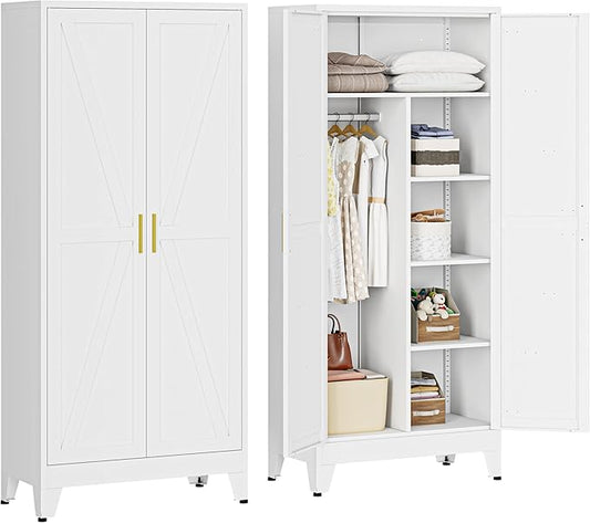 71" Armoire Wardrobe Closet with Hanging Rod & Adjustable Shelves, 2 Doors White Armoire Wardrobe Closet, Metal Clothing Storage Wardrobe Cabinet for Bedroom, Laundry Room, Office