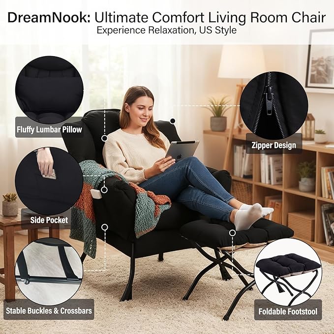 Lazy Chair with Ottoman, Modern Accent Chair with Lumbar Pillow, Black Sofa, Armchairs with Folding Footrest, Oversized Supportive Chairs for Bedroom, Reading