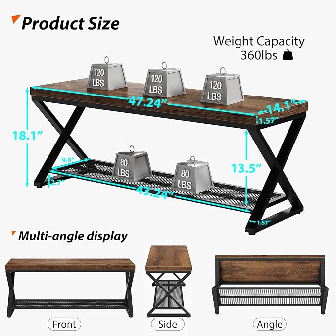 LVB Rustic Entryway Bench, 47” Shoe Bench with Storage for Entry Way, Industrial Shoe Rack Bench with Seating for Foyer Entrance, Farmhouse Wood Bench for Hallway Living Room Bedroom, Rustic Brown - Image 2