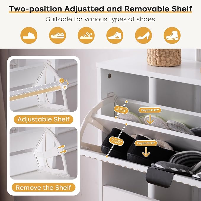 oakvivo Shoe Cabinet Storage, Farmhouse Freestanding Organizer with 2 Flip Drawers and 4 Wooden feet, Narrow Shoe Rack Cabinet for Entryway, Foyer, Hallway, White - Image 5